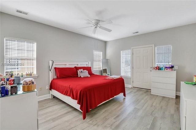 bedroom featuring ceiling fan and light wood-type flooring