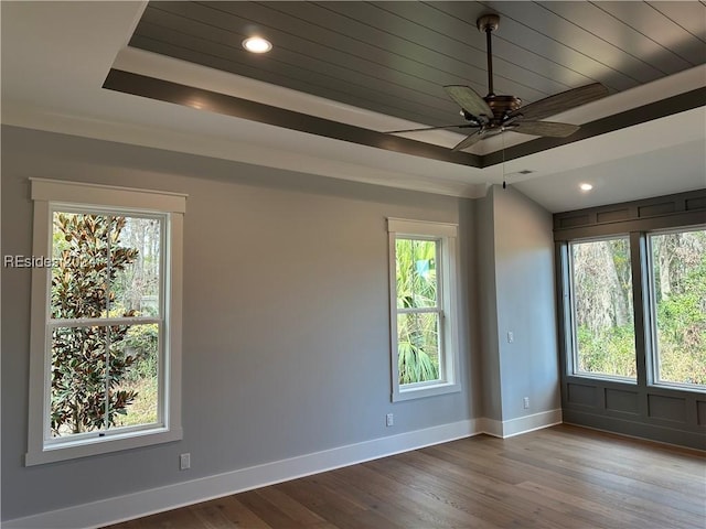 empty room featuring plenty of natural light, light wood-type flooring, and a tray ceiling