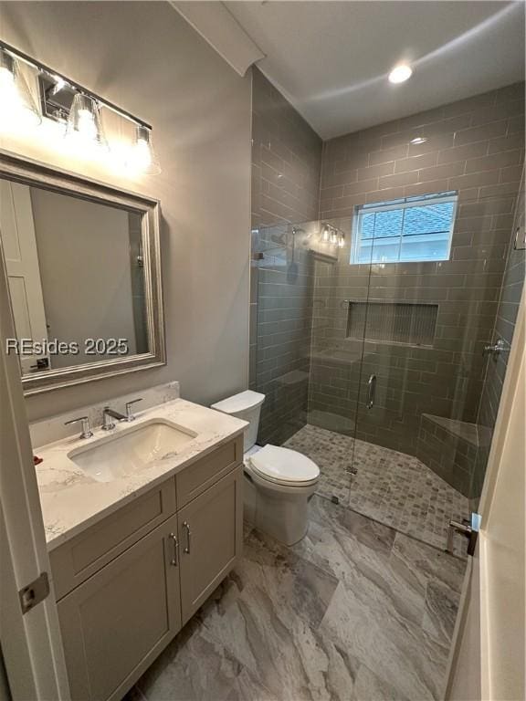 bathroom with vanity, a shower with door, and toilet