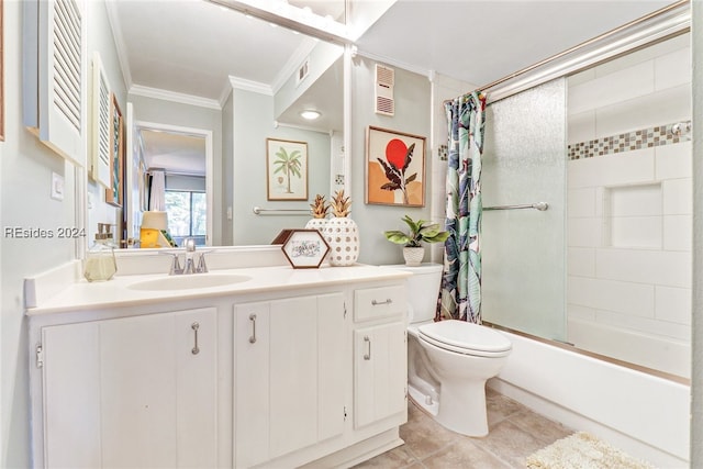 full bathroom with shower / tub combo with curtain, vanity, crown molding, and toilet