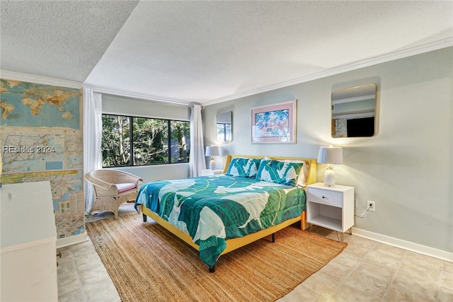 tiled bedroom featuring crown molding and a textured ceiling