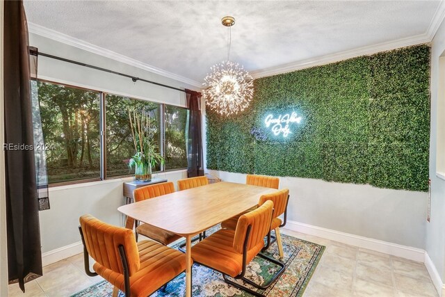 tiled dining space featuring crown molding, a textured ceiling, and a chandelier