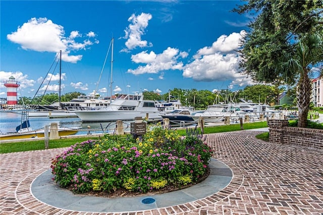 view of property's community featuring a boat dock and a water view