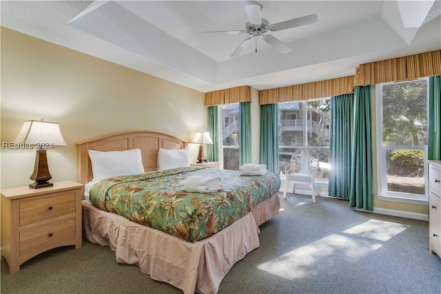 carpeted bedroom featuring ceiling fan, a raised ceiling, and multiple windows