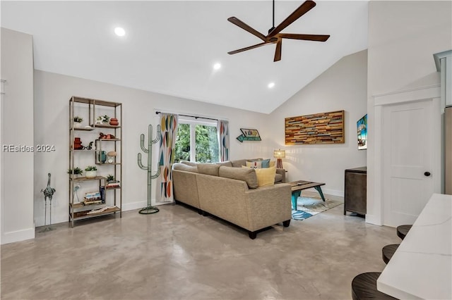 living room featuring high vaulted ceiling, concrete flooring, and ceiling fan