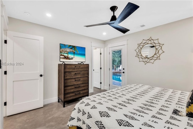 bedroom featuring access to outside and ceiling fan