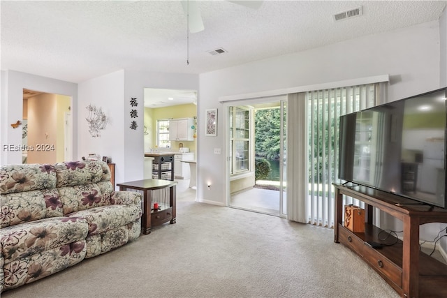 carpeted living room featuring a healthy amount of sunlight, a textured ceiling, and ceiling fan