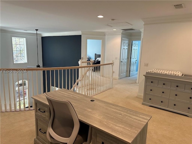 office area featuring ceiling fan, ornamental molding, and light carpet