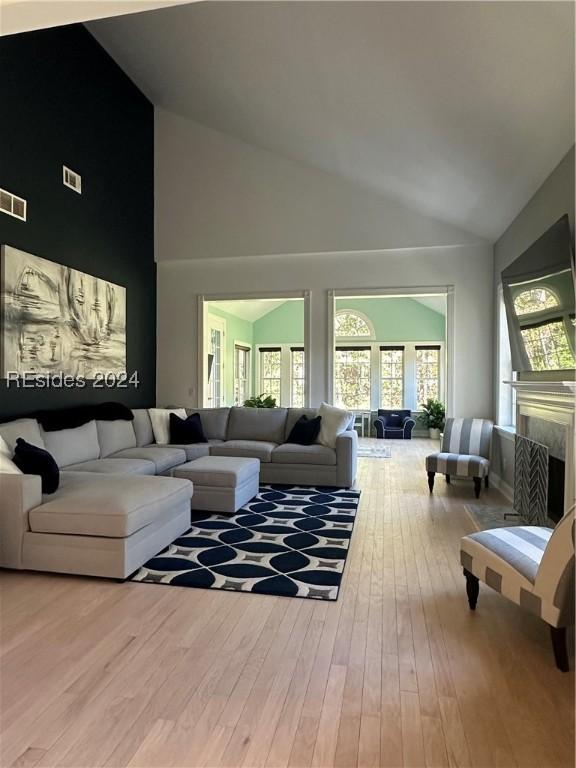 living room featuring wood-type flooring and high vaulted ceiling