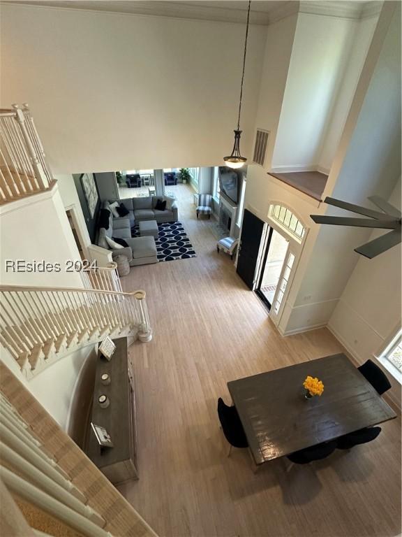 living room with hardwood / wood-style flooring and a high ceiling