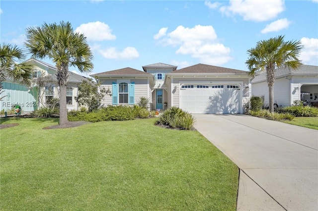 view of front of house with a garage and a front lawn