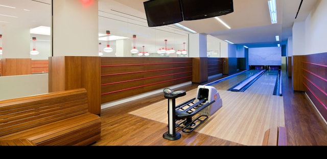 rec room featuring wood-type flooring and a bowling alley