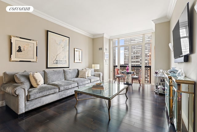 living room featuring dark hardwood / wood-style floors, expansive windows, and crown molding