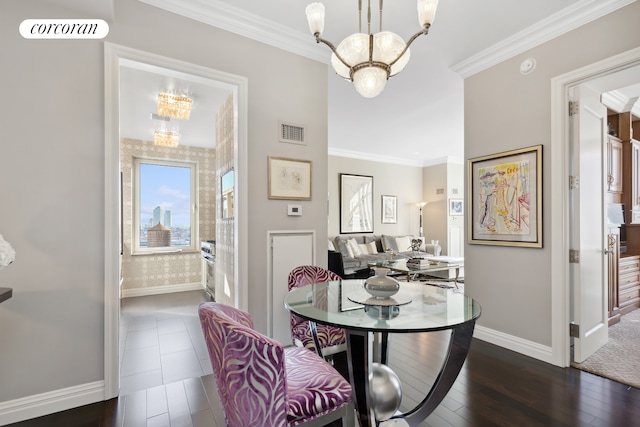 dining room with crown molding, dark hardwood / wood-style flooring, and a notable chandelier