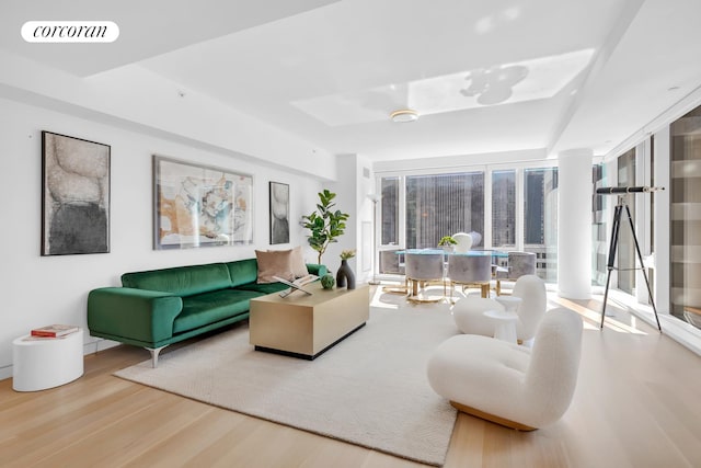 living room featuring a tray ceiling and light hardwood / wood-style floors