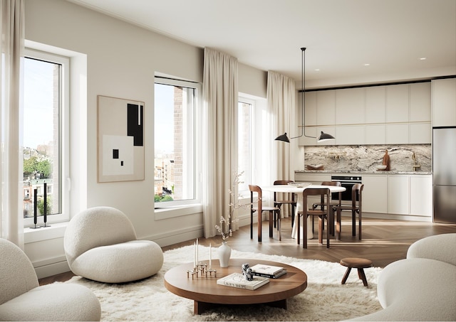 living area featuring plenty of natural light and light hardwood / wood-style flooring