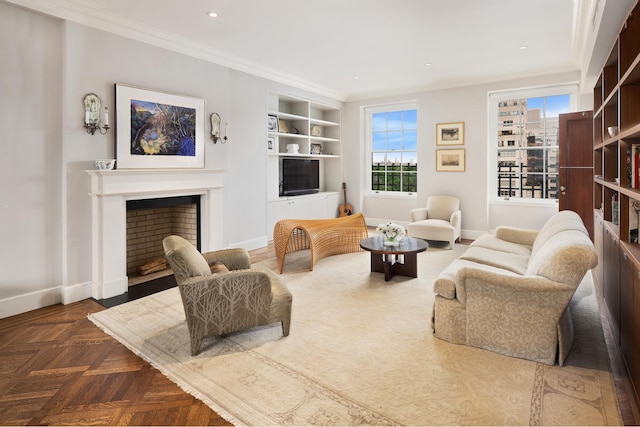 living room with built in features, parquet flooring, and ornamental molding