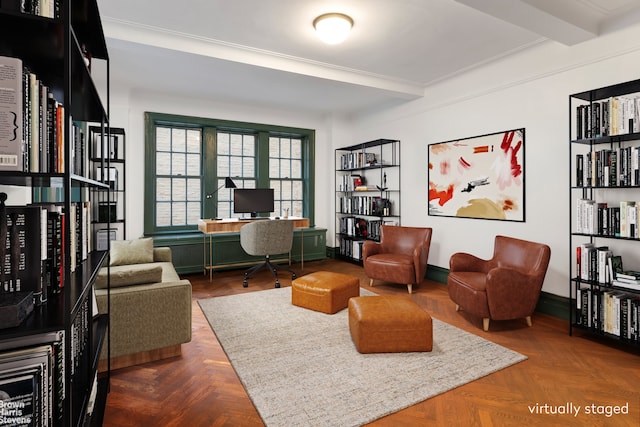 living room with beam ceiling and dark parquet flooring