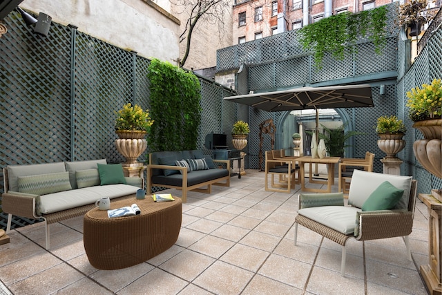 view of terrace featuring a balcony and an outdoor hangout area