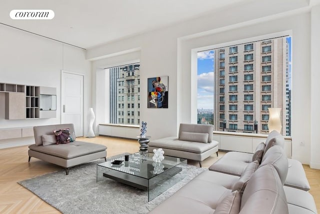 living room with parquet floors