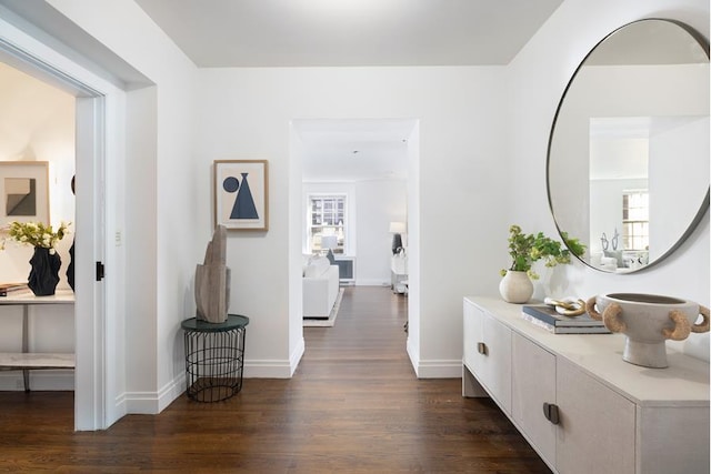 hallway featuring a healthy amount of sunlight and dark wood-type flooring