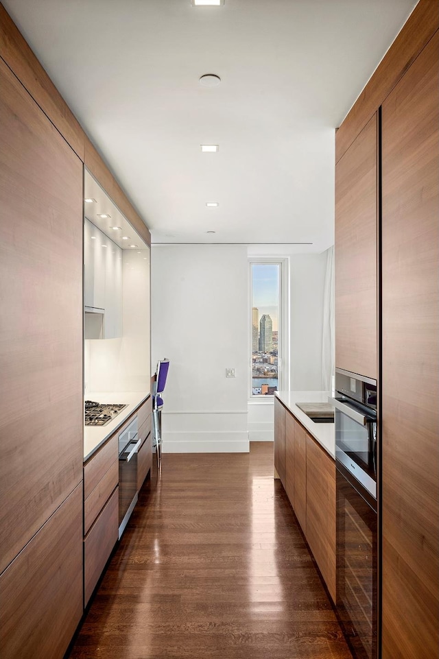 kitchen featuring stainless steel appliances and dark wood-type flooring