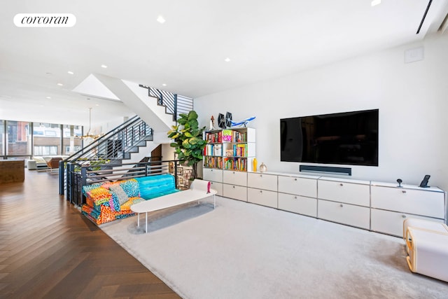 living room with parquet floors