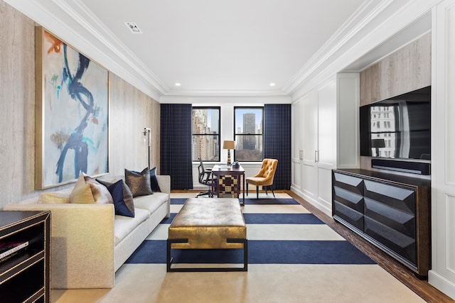 living room featuring light hardwood / wood-style flooring and ornamental molding