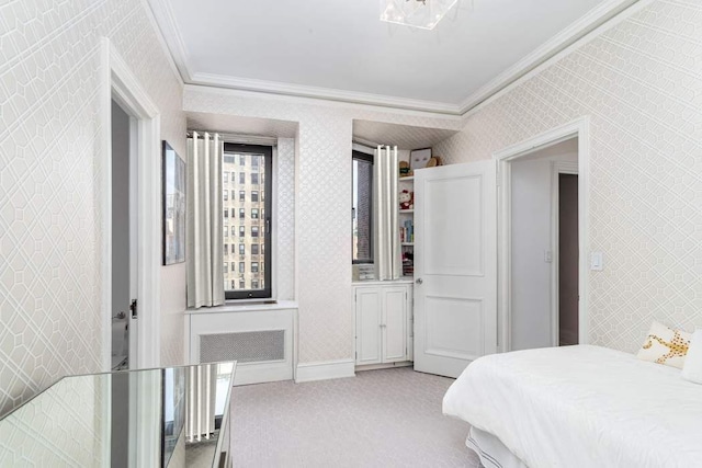 bedroom featuring light carpet and ornamental molding