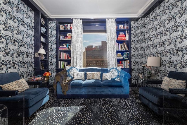 living area with crown molding and carpet flooring