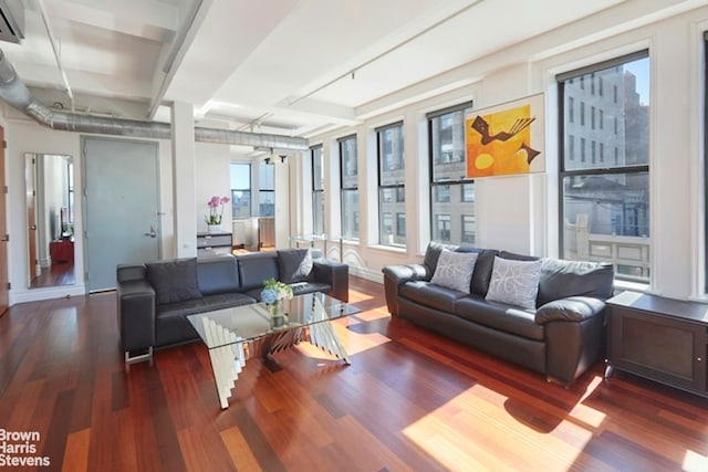 living room with dark wood-type flooring and a wealth of natural light