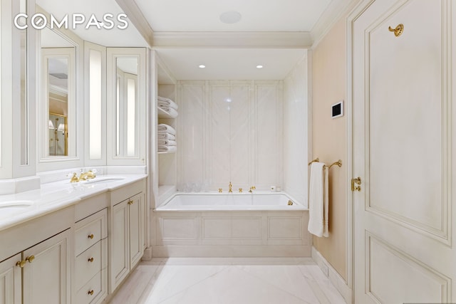 bathroom featuring double sink vanity, tile floors, crown molding, and tiled bath