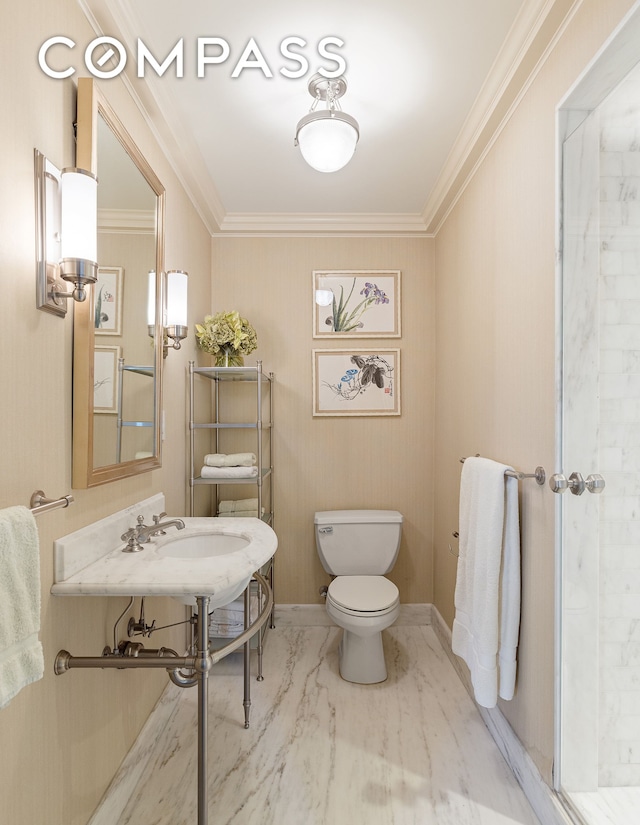 bathroom featuring toilet, ornamental molding, and sink