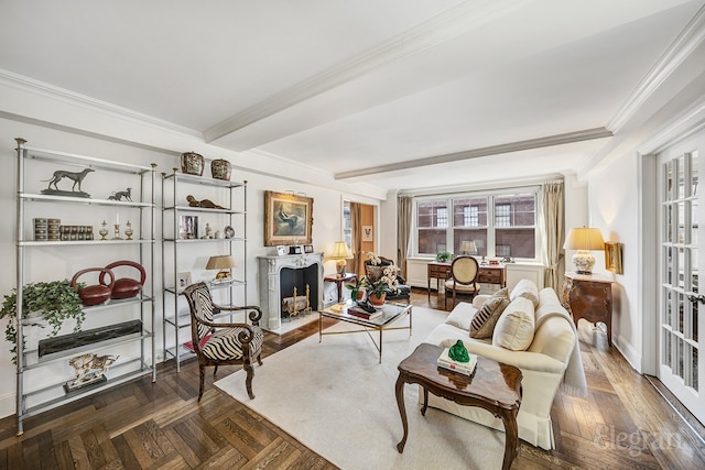 living area featuring crown molding, dark parquet floors, and beamed ceiling