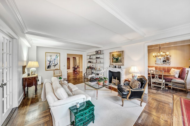 living room with parquet floors, ornamental molding, and an inviting chandelier