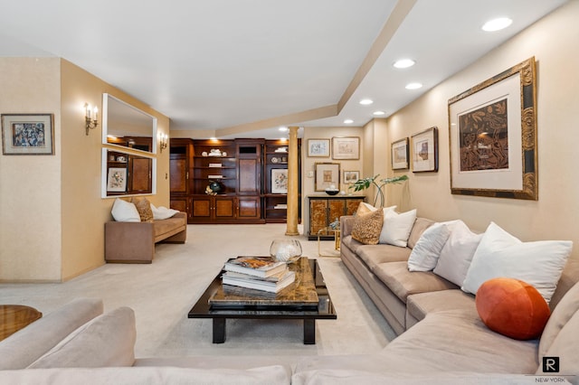 living room featuring light carpet