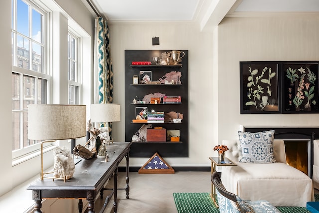 living area featuring parquet floors and crown molding