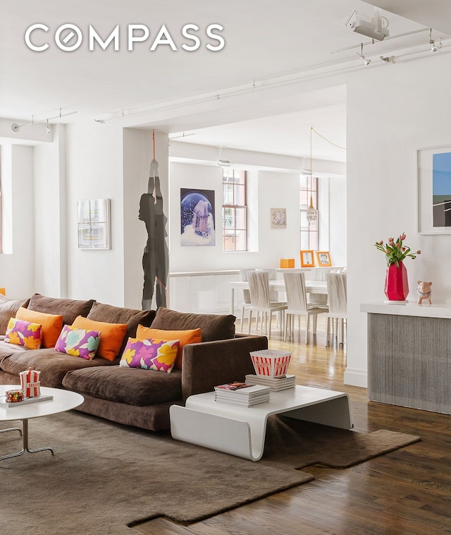 living room with wood-type flooring and track lighting