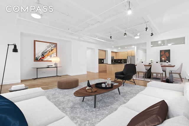 living room with light wood-type flooring and track lighting