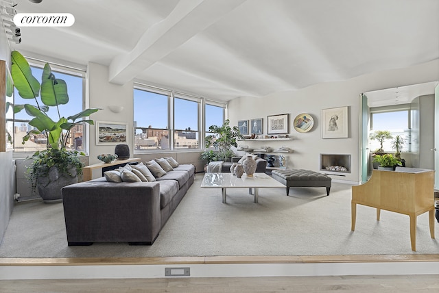 living room featuring hardwood / wood-style flooring and beam ceiling