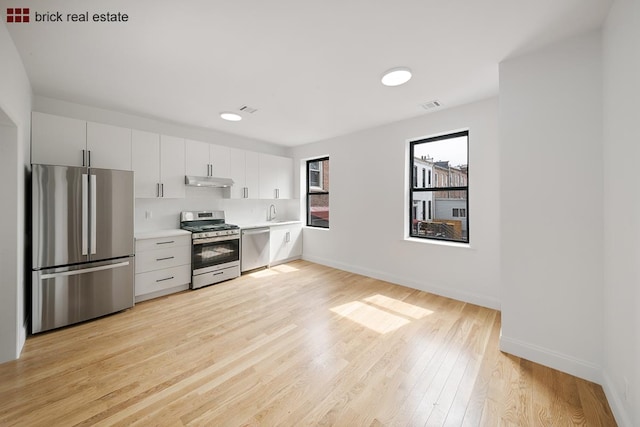 kitchen with light hardwood / wood-style floors, tasteful backsplash, stainless steel appliances, sink, and white cabinets