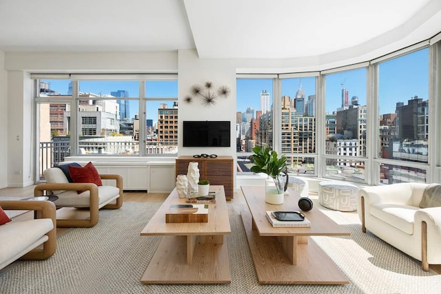 living room featuring a wealth of natural light and light wood-type flooring