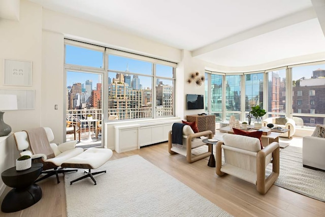 living room featuring plenty of natural light and light hardwood / wood-style flooring