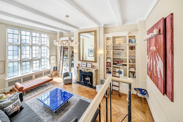 living room with beam ceiling, a high end fireplace, parquet floors, and plenty of natural light