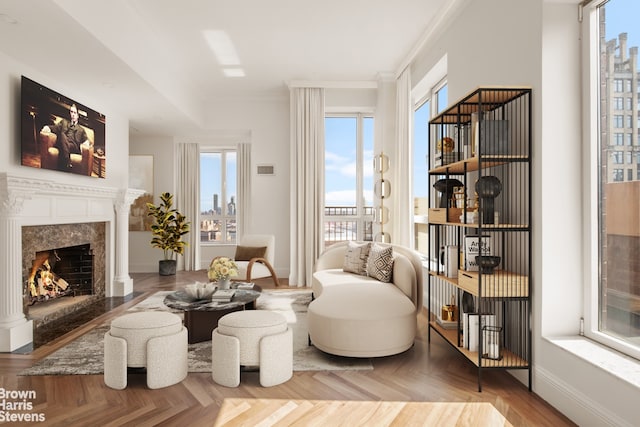 living area with a premium fireplace, crown molding, and parquet flooring