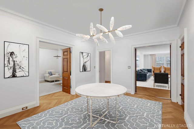 interior space featuring a notable chandelier, ornamental molding, and parquet floors