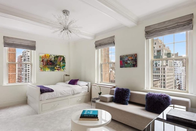 bedroom with beam ceiling, an inviting chandelier, multiple windows, and crown molding