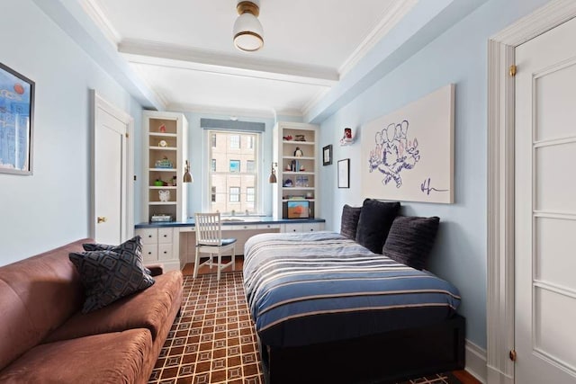 bedroom with beamed ceiling and ornamental molding