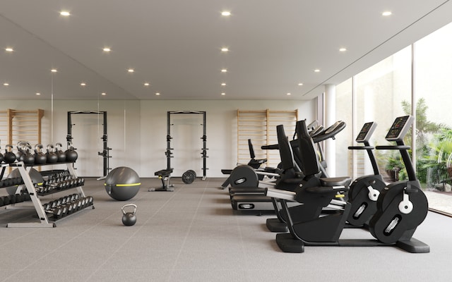 workout area with plenty of natural light and floor to ceiling windows