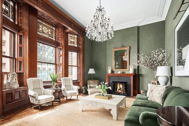 sitting room with a notable chandelier and ornamental molding